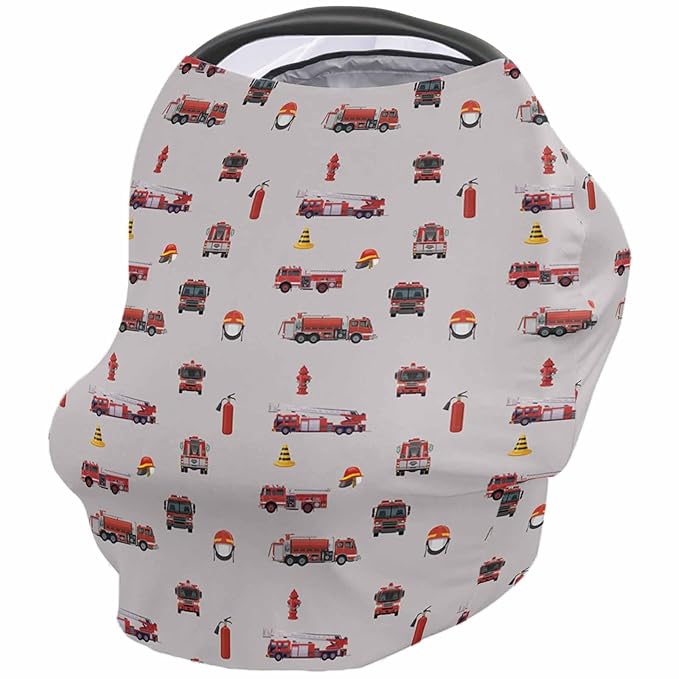 Fire Truck Cars Nursing Cover for Breastfeeding, Baby Infant Car Seat Shopping Cart Cover, Educational Red Grey Cartoon Rescue Themed Carseat Canopy Stroller Cart Cover for Babies Girls/Boys