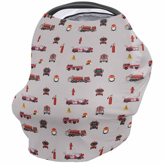 Fire Truck Cars Nursing Cover for Breastfeeding, Baby Infant Car Seat Shopping Cart Cover, Educational Red Grey Cartoon Rescue Themed Carseat Canopy Stroller Cart Cover for Babies Girls/Boys