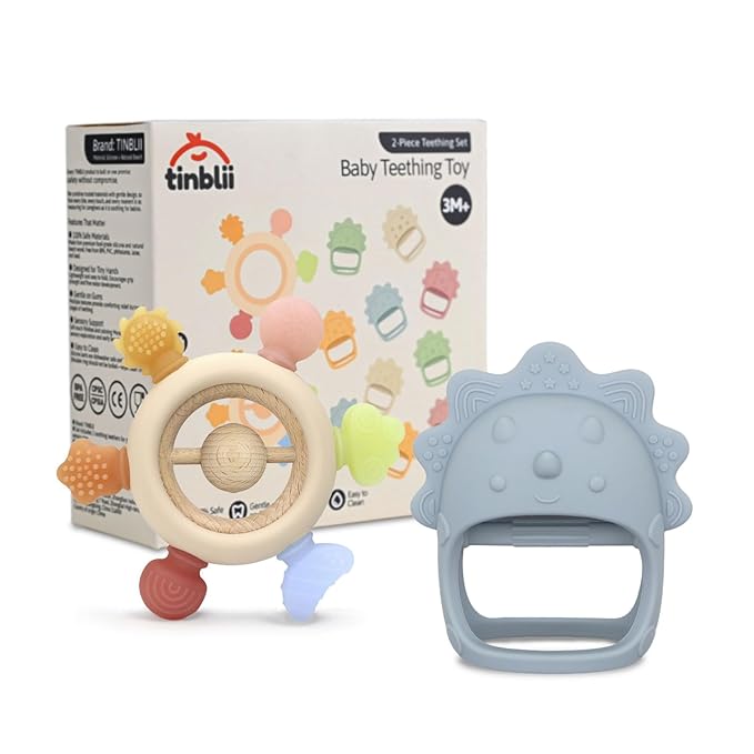 Baby Teething Toys 2 Pack, Dinosaur Mitten Teether and Ring Sun Teether with 6 Chewing Points, Silicone Chew Toys for Infants 0-6 6-12 Months, BPA Free Soothing Gum Relief Set (Blue)
