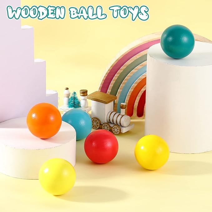 Bucherry 12 Pcs Montessori Wooden Balls 1.8 Inch Wooden Replacement Ball Educational Counting Toys Preschool Learning Material and Stacker Matching(Fresh Color)