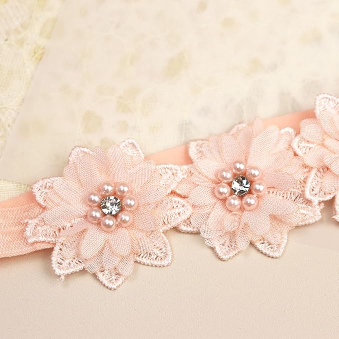 Bethynas White Flower Lace Elastic Headband for Baby Girls Floral Baptism Christening Toddler Hairband Infant Flower Pearl Birthday Party Hair Accessory for Newborn Girl (Pink)