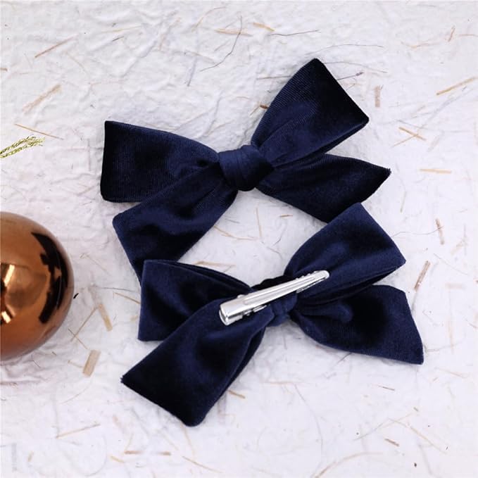 Vintage Velvet Bow Hair Clips for Baby Girl Kids Women Fall Velvet Christmas Hair Bows Barrettes Accessories (2 pcs Navy)