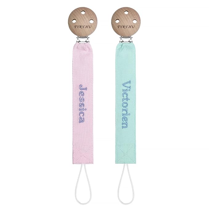 Personalized Pacifier Clip with Name, Customized Soft Webbing Binky Holder for Boys and Girls, Neutral Pacifier Holder Universally Fit All Pacifiers Style, 2 Pack(Pink, Green)