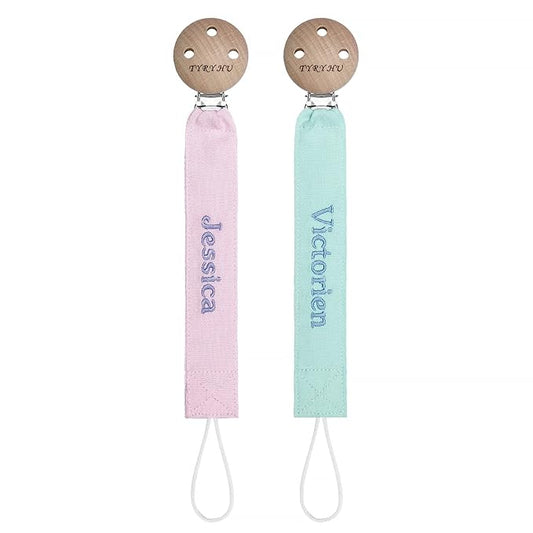 Personalized Pacifier Clip with Name, Customized Soft Webbing Binky Holder for Boys and Girls, Neutral Pacifier Holder Universally Fit All Pacifiers Style, 2 Pack(Pink, Green)