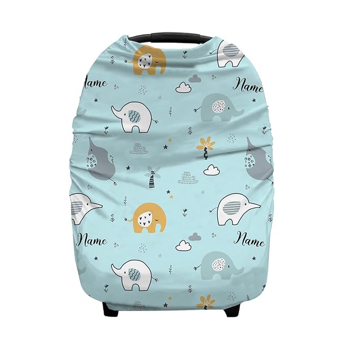 Personalized Baby Car Seat Cover for Boys Girls, Custom Nursing Covers for Breastfeeding with Name, Infant Stroller Cover, Baby Carseat Canopy for Newborn, Multiuse Car Seat Canopies, Cute Elephant