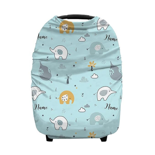 Personalized Baby Car Seat Cover for Boys Girls, Custom Nursing Covers for Breastfeeding with Name, Infant Stroller Cover, Baby Carseat Canopy for Newborn, Multiuse Car Seat Canopies, Cute Elephant