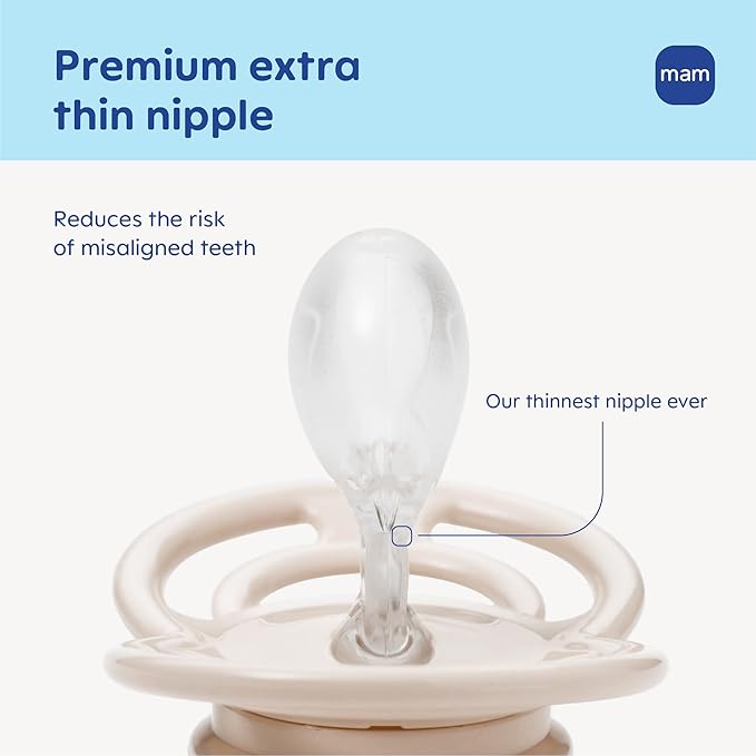 MAM Perfect Baby Pacifier 6-16 Months, Extra Thin Nipple, Developed with Orthodontists, Clinically Proven, Glows in The Dark, BPA-Free Silicone, Pack of 2, Made in Europe