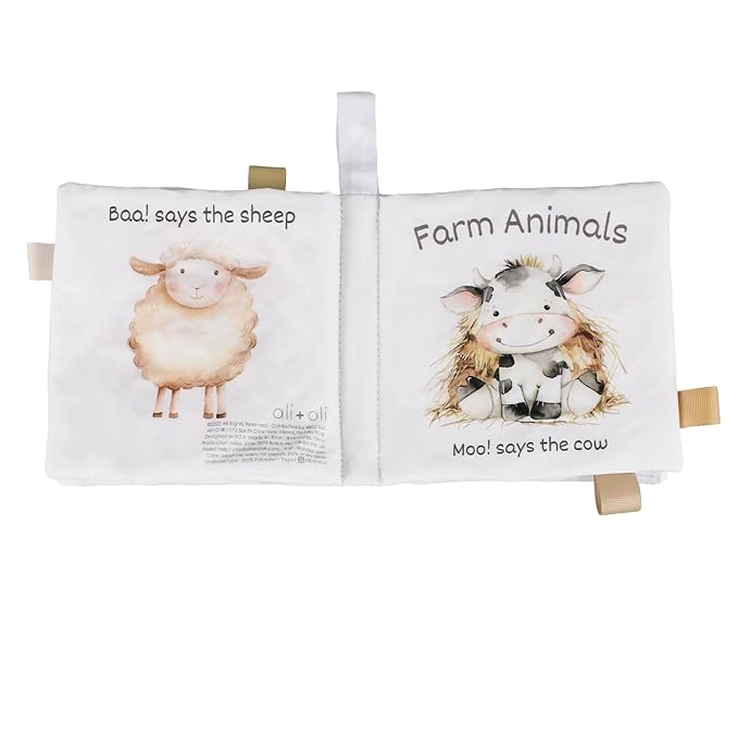 Ali+Oli Baby Cloth Book – Soft Sensory Crinkle Book for Infants 0-12 Months – Early Learning Touch & Feel Tummy Time Toy – Colorful taggies - Newborn Shower Gift - Farm Animals
