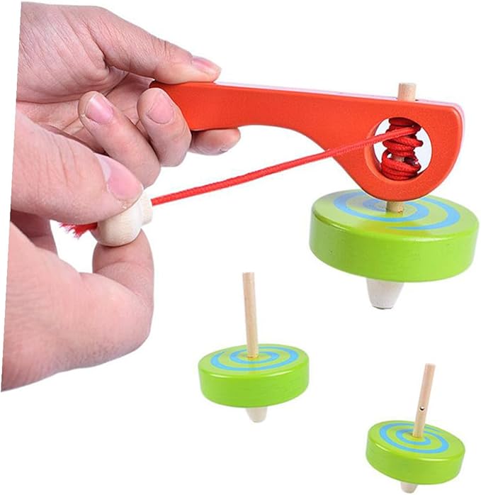 3pcs Wooden Gyroscope with Handle and Pull String for Lightweight Spinning Tops for Fine Motor Skill Development and Coordination Random Color