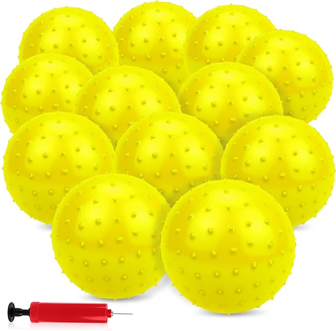 12PCS Bouncy Balls for Kids Toddlers, 7 Inch Sensory Balls Spiky Massage Stress Ball Bulk with Air Pump, Indoor Outdoor Sports Sensory Toys & Party Favors (Yellow)