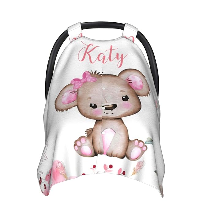 Personalized Baby Car Seat Canopy for Babies, Custom Name Car Seat Covers for Baby Girl, Cute Little Bear Opening Minky Nursing Breastfeeding Cover for Infant, Carseat Canopies for Newborn