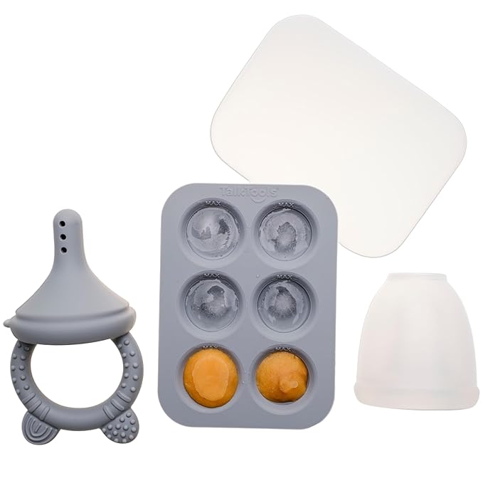 TalkTools® Silicone Baby Food Feeder with Tray, Fresh/Frozen Fruit Feeder for Babies, Teething Soothing, BPA-Free, Easy-Clean, Dishwasher Safe