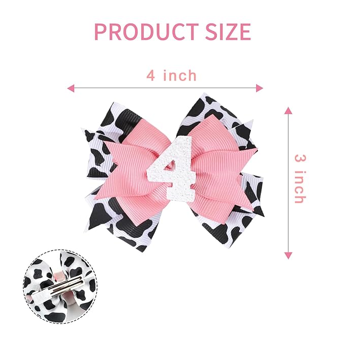 Birthday Hair Clips for Baby Girls - 2Pc Cow Print Bow with White Number Hair Clips for 4th Birthday Baby Bow Party Decorations for Girls Toddlers Hair Accessories (Cow Print -4 Years)