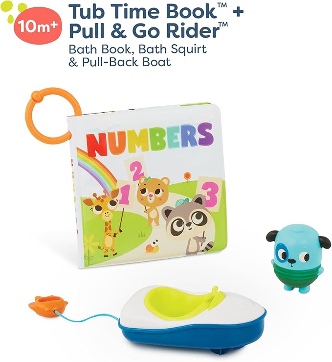 B. toys – Bath Book & Boat – Color Changing Bath Squirter & Pull – String Boat – Colors & Numbers – Convenient Travel Clip – 10+ Months – Tub Time Book + Pull & Go Rider