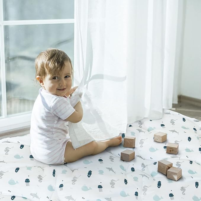 SPRINGSPIRIT Baby Play Mat for Boys Girls,50'' x 50'' Baby Playmat for Playpen, One-Piece Crawling Play Mat Non Slip, Toddlers, White Ocean