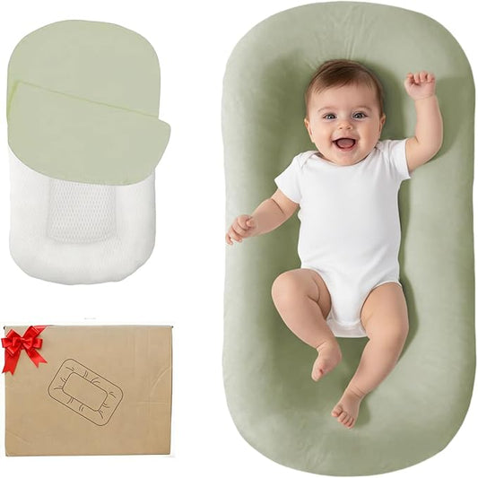 Lucakuins Baby Support Cushion, 0-24 Months Newborn Infant Support Cushion with Cover, Portable Tummy Time Mat for Home and Travel, Soft Cotton, Supervised Use, Baby Essentials Gift (Lovely Green)