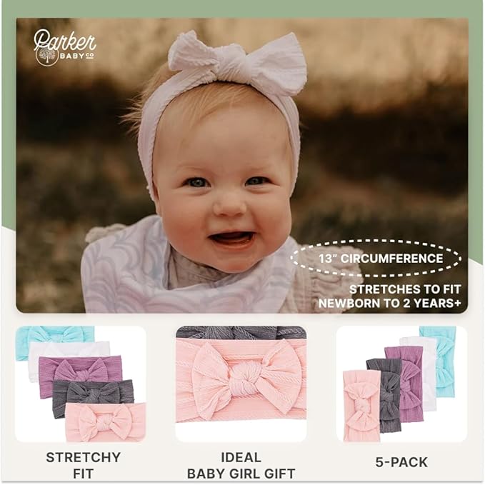 Parker Baby Cable Knit Nylon Headbands 5 Pack | Soft, Stretchy & Comfortable Bows for Girls | Adjustable, Soft to Touch & Knotted Headbands for Baby Girls | Baby Headwraps for Girls | Multiple Colors