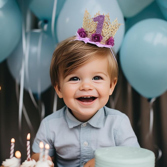 1st Birthday Tiara Headband for Baby Girl - Glitter Number Tiara, Flower Headband, Toddler Infant Kids Purple Hat