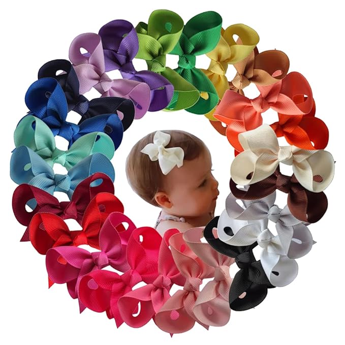 24 Colors Boutique Hair Bow Clips for Little Girls Grosgrain Ribbon Bow Alligator Hair Clip Toddler Baby Girl Kids Hair Accessories (24 pcs/3 Inch)
