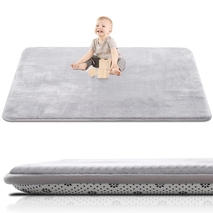 Large Thick Baby Play Mat for Floor,Padded 50x65 Playpen Mat,Foam Tummy Time Mats,Soft Support&Plush Feel Nursery Rug,Non Slip for Toddler,Infants,Kids Play,Yoga,Baby Crawling Mats (Light Grey)