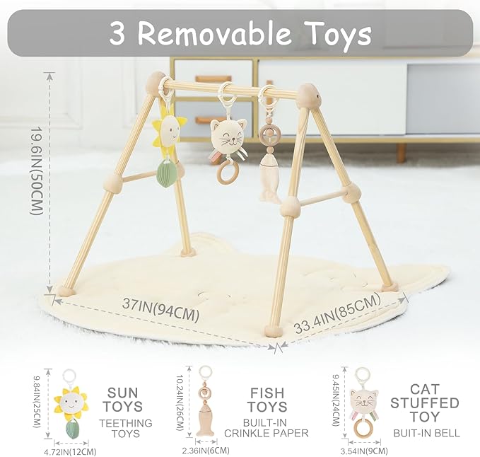 4-in-1 Wooden Baby Play Gym & Activity Mat, Soft Cotton Tummy Time Mat for Babies 0+,with 3 Detachable Toys for Sensory & Motor Skill Development,Newborn Infant Baby Essentials Gift,Kitten