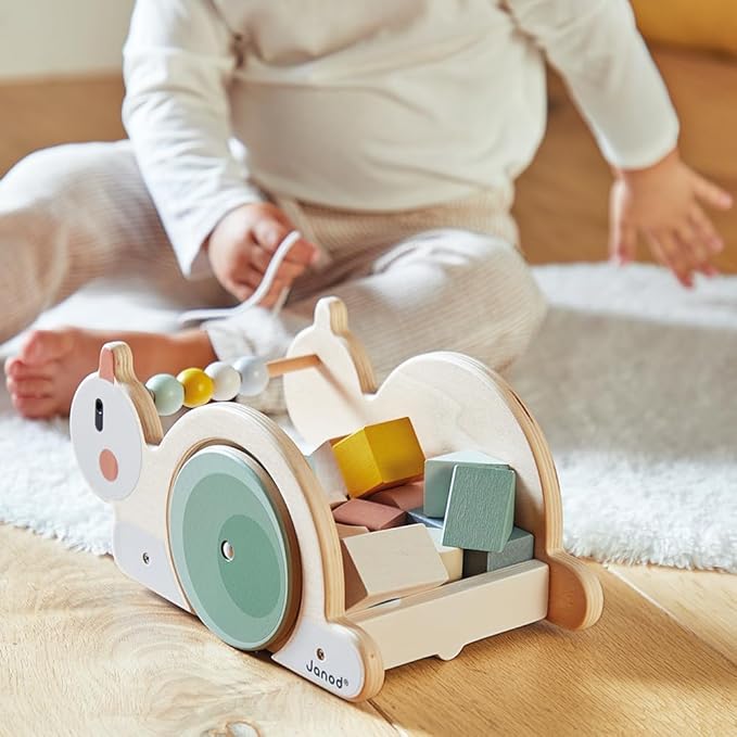 Janod Sweet Cocoon - Wooden Pull-Along Snail Cube Trolley - 17 Piece Set - Ages 18 Months - 3 Years - J03354