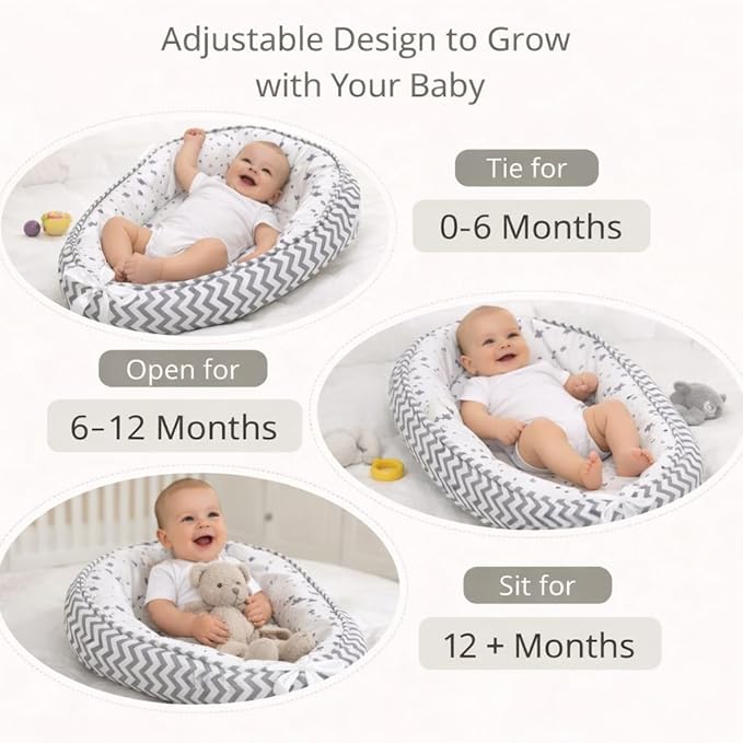 Aila+Aiden Baby Lounger | Organic Cotton Infant Lounger | Reversible, Adjustable & Portable Floor Lounger |Supervised Use | Soft, Breathable, Washable Cover - Star Collection (Gray)