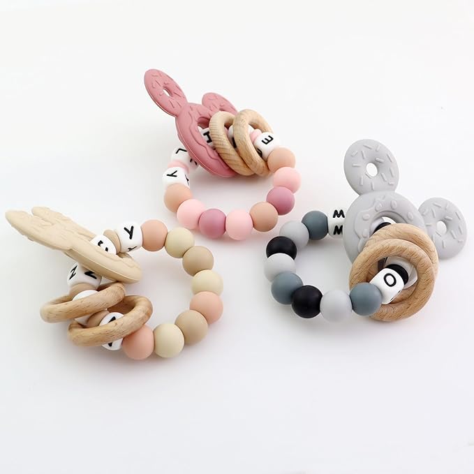 Personalized Baby Teether with Name - Custom Mouse Silicone Teether & Natural Wooden Ring for Boys & Girls - Handmade Unique Baby Shower Gift for Infants & Toddlers (Grey)