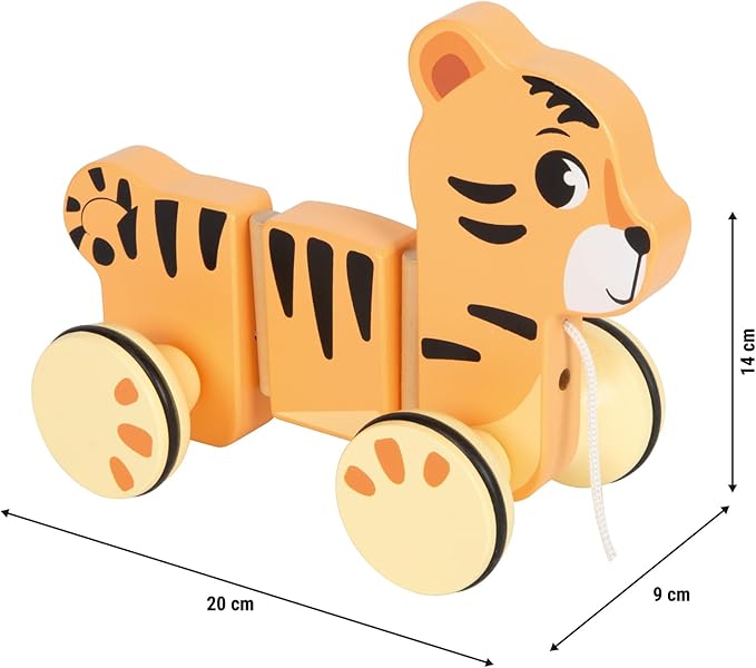 small Foot 12733 Tiger "Safari", Flexible Pull Tiger Made of FSC 100% Certified Wood, Motor Skills Toy for Children from 12 Months, Orange