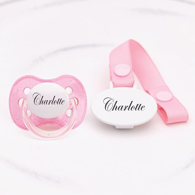 Personalized Baby Gifts - Personalized Pacifier Clip with Name, 0-6 Months and 6-18 Months, Engraved Pacifier, Pink Glitter (6-18 Months)