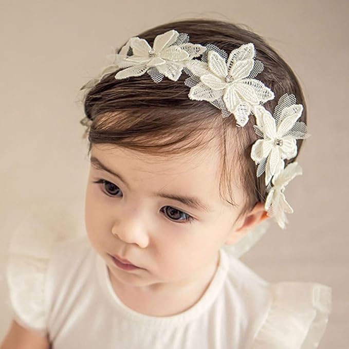 White Lace Flower Headband for Baby Girls Toddler Christening Baptism Hairband Soft Lace Floral Birthday Party Hair Accessories for Newborn Infants Kids (Style 1, One size)