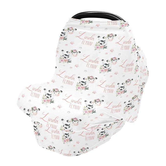 Personalized Baby Car Seat Cover for Girls, Custom Floral Cow Pink Nursing Covers with Name, Universal Fit, Water Resistant, Polyester, White