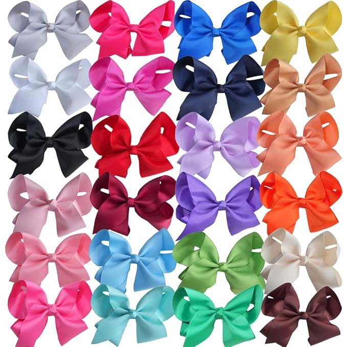 24 Pack 6 Inch Hair Bow Clips for Little Girls Grosgrain Ribbon Bow Alligator Clip Toddler Baby Girl Kids Teens Jojo Bows Hair Accessories (24 Colors/6 Inch)