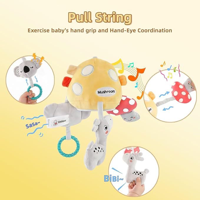 Musical Baby Pull Vibration Toy for Car Seat 6-12 Months, Travel Sensory Toy 3 Months, Montessori Plush Toys for Roadtrip with Crinkle Textures Flutter Squeaky Mirror Newborn Infant Gift