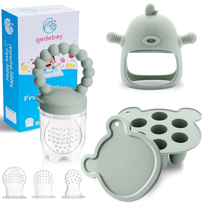 6-in-1 Baby Fruit Feeder Pacifier & Baby Food Feeder Set – Silicone Breastmilk Popsicle Mold with Freezer Tray, Teething Relief Toy, BPA Free Infant Feeder, 3 Sizes (S/M/L) Sacs (Pea Green)