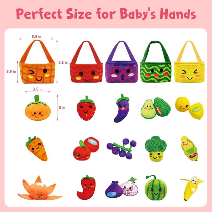 Play Food for Toddlers 1-3, Plush My First Fruit Vegetables Basket Color Sorting Rattle, Squeaker & Crinkle Play Food Set for Kitchen Baby Sensory Toys Easter Basket Stuffers Birthday Gifts 20PCS