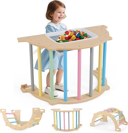 Olakids Climbing Arch for Toddlers, 4 in 1 Wooden Indoor Kids Climber Rocker Montessori Sensory Table with Foldable Storage Bin, Baby Pikler Set Gym Learning Crawling Toy for Children (Rainbow)