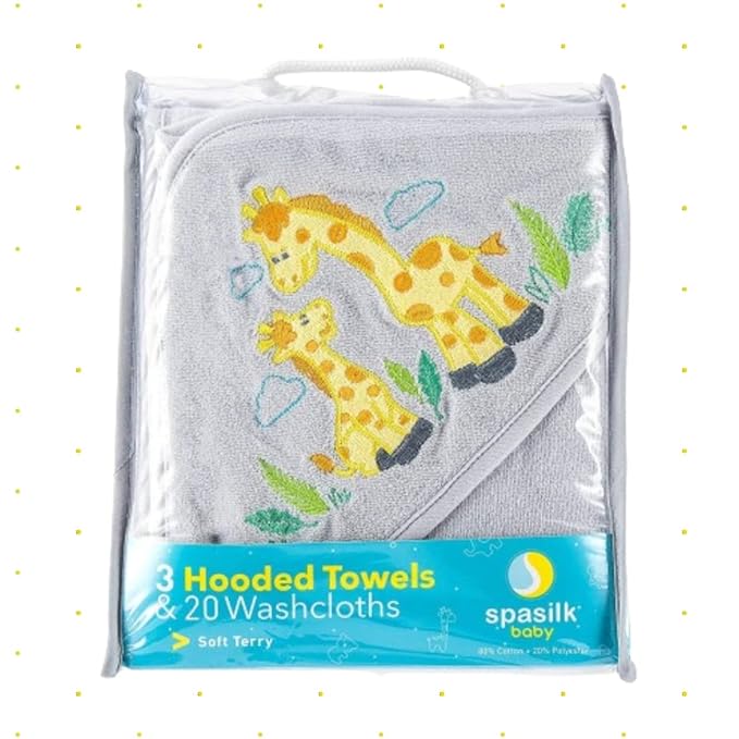 Spasilk 23-Piece Soft Terry Hooded Bath Towel and Washcloth Gift Set, 3 Baby Towels and 20 Baby Washcloths for Unisex Newborn Bath Essentials, Ideal, Gray Giraffe Safari