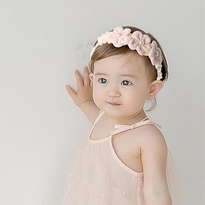 Handmade Baby Girl Headbands in Beige and Pink Lace Flowers for Newborns and Toddlers Cute Baby Girl Flowers and Newborn Headbands (Pink flowers, One Size)