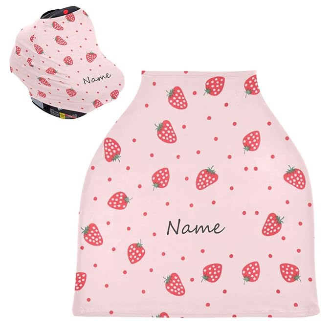 Personalized Baby Name Car Seat Covers for Girls, Custom Pink Strawberry Carseat Canopy, Multiuse Nursing Cover Breastfeeding Scarf, Gift for Newborn Daughter, Infant Stroller Cover