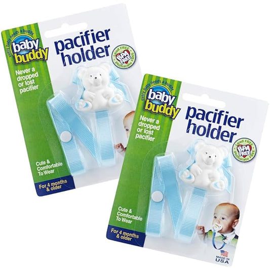 Baby Buddy Bear Pacifier Holder Clip Snaps to Paci, Teether, Toy, Clips to Baby's Shirt, Pacifier Clip - Babies 4 Months & Up/Toddler Boys & Girls, Pacifier Holder, Baby Must Haves, Light Blue, 2 Ct