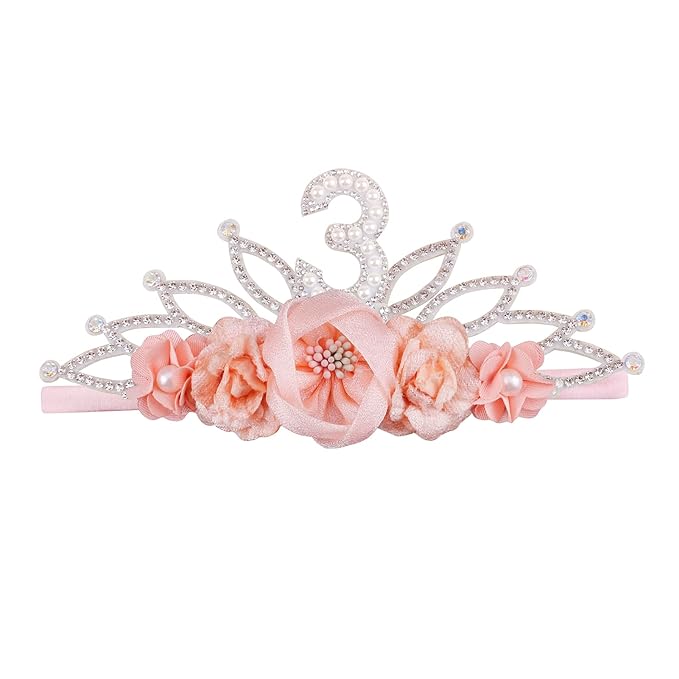 cherrboll Baby Girl Birthday Crown Floral Headband, Soft Flower Head Wrap Tiara Hairband for 1-3 Years Old Toddlers Kids 3rd Birthday Party Dress Photo Decoration