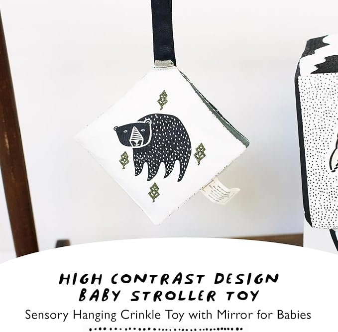 Wee Gallery Woodland Animals Crinkle Pages Stroller Toy, Sensory Hanging Crinkle Toy with Mirror for Babies, High Contrast Animal Art and Montessori Baby Item for Car Seat and Play Gym