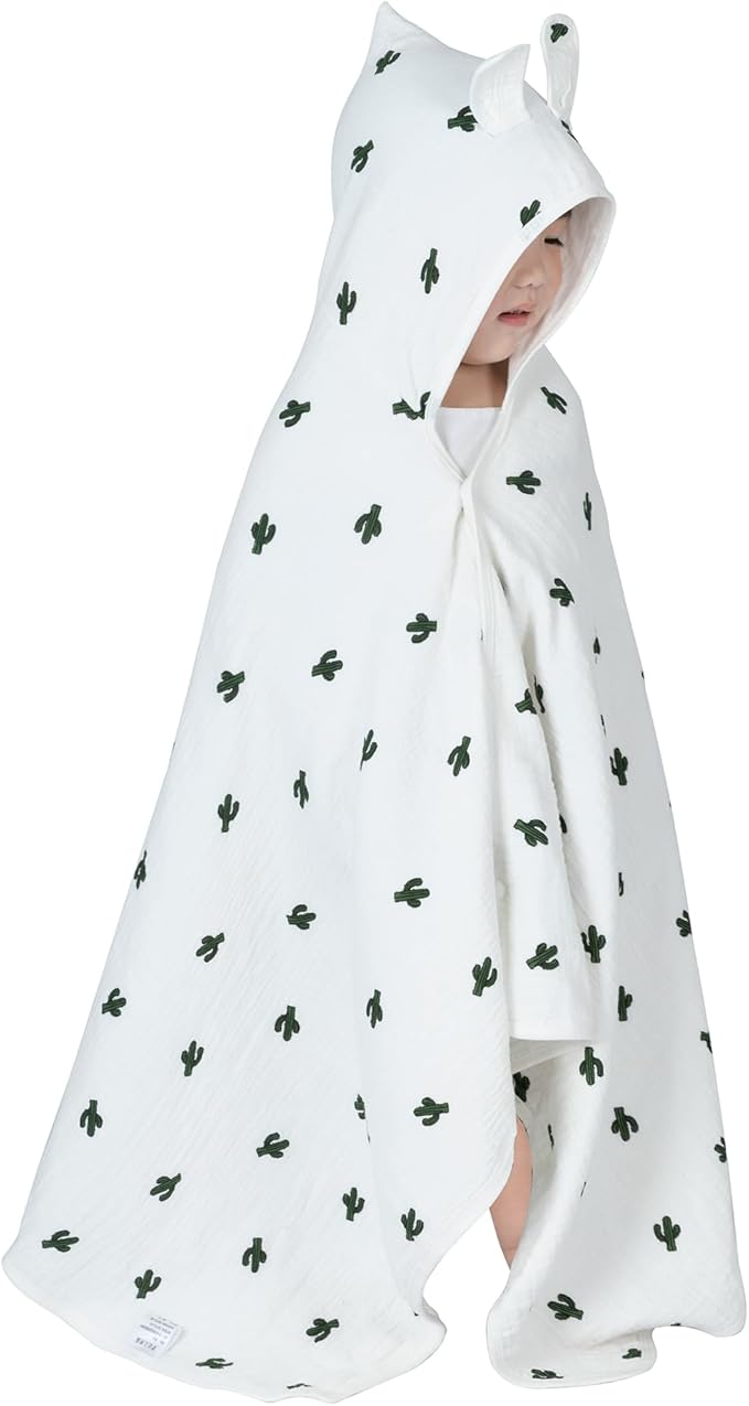 Hooded Towel Muslin Hooded Towel Made from Organic Cotton 6-Layer Cotton Bath Towel, Soft Bath Towels 25x51inches for Toddler Baby Kids Cactus
