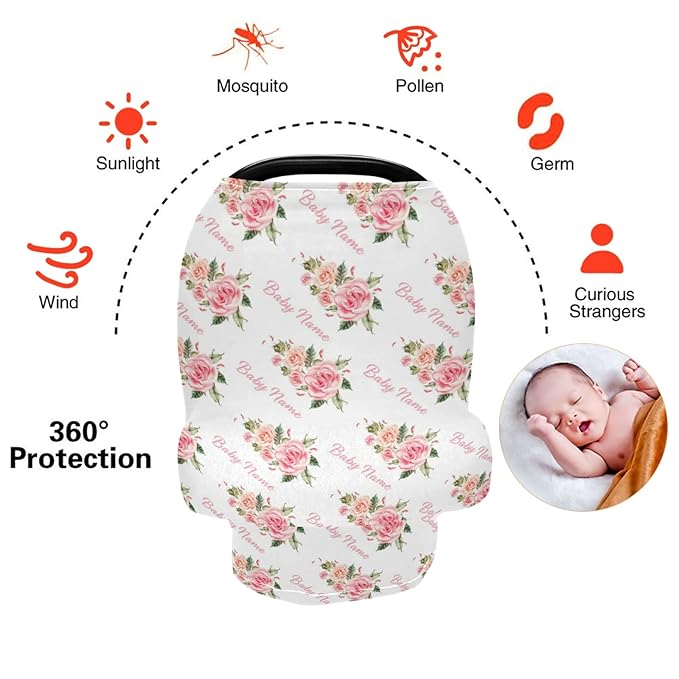 Rose Flower Personalized Baby Car Seat Covers with Name, Custom Nursing Cover Breastfeeding Scarf Soft Breathable Stretchy Coverage, Infant Stroller Cover for Boys Girls