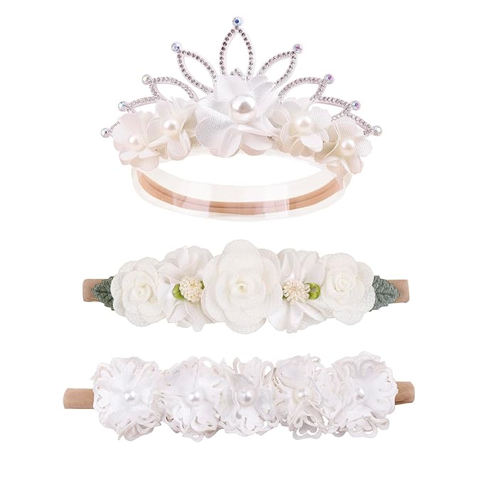 Baby Girl Flower Headbands and Bows, Stretchy Soft Nylon Floral Crown, 3pcs Handmade Hair Accessories for Newborn Infant Toddler