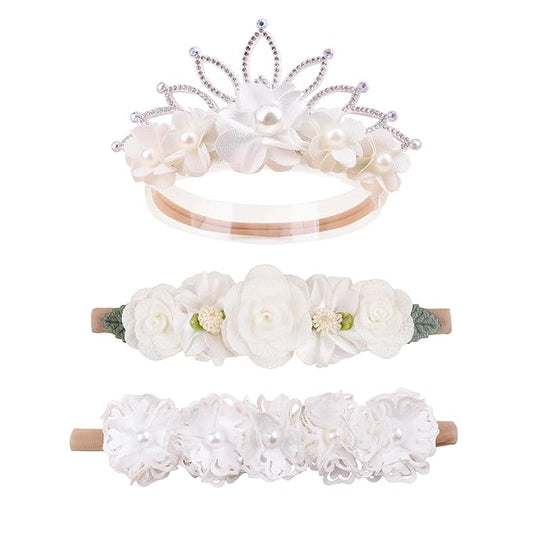 Baby Girl Flower Headbands and Bows, Stretchy Soft Nylon Floral Crown, 3pcs Handmade Hair Accessories for Newborn Infant Toddler