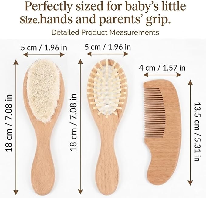 3Pcs Personalized Wooden Baby Hair Brush and Comb Bristles,Custom Newborn Soft Hair Baby Gift