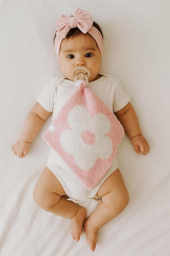 L+L USA Retro Flower Baby Lovey Pacifier/Teether Holder 10"x10" - DreamSoft Plush Fluffy Cuddly Soothie Reversible Mini Comfort Blanket - Cute Newborn Gift Essential Babies Boys Girls (Pink/White)