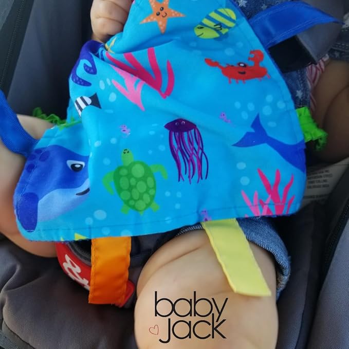 Baby Jack & Co 8x8” Ocean Lovey Tag Toys for Babies - Crinkle Toys for Developmental Play - Soft & Safe - Learn Shapes & Colors - Ideal Toy for Tummy Time - BPA Free w/Stroller Clip